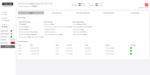 Carte Tascam IF-ST2110 – écran Config